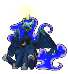 Size: 768x832 | Tagged: safe, artist:idrawweeklypony, edit, princess luna, alicorn, pony, g4, female, glowing horn, horn, jewelry, magic, open mouth, regalia, simple background, sitting, smiling, solo, spread wings, transparent background, wings