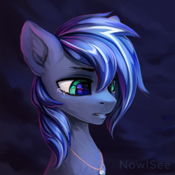 Size: 1500x1500 | Tagged: safe, artist:inowiseei, oc, oc only, oc:lightning flare, pony, blue background, bust, commission, crying, jewelry, portrait, sad, simple background, solo