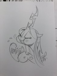 Size: 1536x2048 | Tagged: safe, artist:andypriceart, queen chrysalis, changeling, changeling queen, g4, black and white, changeling feeding, eating, eyes closed, female, grayscale, heart, hearts and hooves day, holiday, monochrome, solo, traditional art, valentine's day