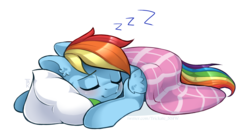 Size: 2661x1453 | Tagged: safe, artist:trickate, rainbow dash, pegasus, pony, g4, blanket, cute, dashabetes, female, mare, pillow, simple background, sleeping, solo, transparent background, zzz