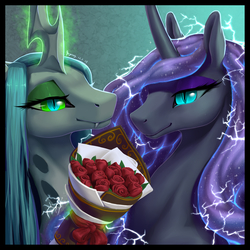 Size: 3081x3081 | Tagged: dead source, safe, artist:begasus, nightmare moon, queen chrysalis, pony, g4, bouquet, female, flower, high res, holiday, lesbian, mare, rose, ship:chrysmoon, shipping, slit pupils, smiling, valentine's day