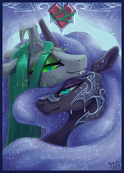 Size: 2580x3607 | Tagged: dead source, safe, artist:begasus, nightmare moon, queen chrysalis, alicorn, changeling, changeling queen, pony, g4, bedroom eyes, bust, cute, cutealis, ethereal mane, eyeshadow, featured image, female, floppy ears, fluffy, grin, high res, jewelry, lesbian, makeup, mare, moonabetes, ship:chrysmoon, shipping, slit pupils, smiling, starry mane