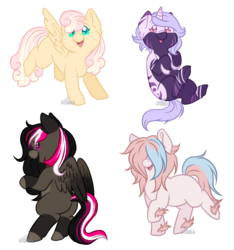 Size: 1500x1600 | Tagged: safe, artist:aledera, oc, oc only, oc:cherry top, oc:luckette, oc:mary weather, oc:soft sketch, earth pony, pegasus, pony, unicorn, chibi, female, hair over eyes, mare, simple background, transparent background