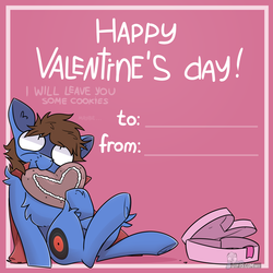 Size: 5120x5120 | Tagged: safe, artist:difis, oc, oc only, oc:bizarre song, absurd resolution, box of chocolates, cape, chest fluff, clothes, cookie, cutie mark, dialogue, eating, food, heart, holiday, messy mane, simple background, sitting, valentine, valentine's day, valentine's day card