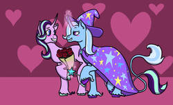 Size: 1280x783 | Tagged: safe, artist:greatveiledbear, starlight glimmer, trixie, classical unicorn, pony, unicorn, g4, blushing, bouquet, cloven hooves, female, flower, heart, holiday, horn, leonine tail, lesbian, looking at each other, rose, ship:startrix, shipping, unshorn fetlocks, valentine's day