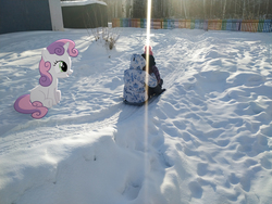 Size: 4000x3000 | Tagged: safe, artist:albertuha, sweetie belle, pony, unicorn, g4, child, female, irl, mare, photo, ponies in real life, sitting, smiling, snow, solo, winter