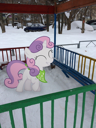 Size: 2448x3264 | Tagged: safe, artist:albertuha, sweetie belle, pony, unicorn, g4, female, high res, irl, mare, photo, ponies in real life, russia, smiling, snow, solo, winter