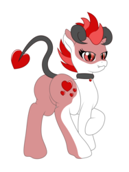 Size: 1361x1814 | Tagged: safe, artist:mewio, oc, oc only, oc:amorette, pony, butt, collar, demon horns, female, heart, hearts and hooves day, horns, plot, solo, tooth