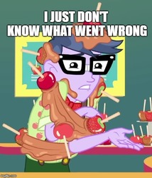 Size: 500x583 | Tagged: safe, edit, edited screencap, screencap, microchips, equestria girls, equestria girls series, g4, rollercoaster of friendship, caption, clothes, cropped, glasses, i just don't know what went wrong, image macro, impact font, male, meme, text