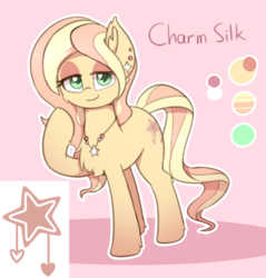 Size: 1280x1338 | Tagged: safe, artist:puetsua, oc, oc only, oc:charm silk, earth pony, pony, accessory, chest fluff, ear fluff, ear piercing, earring, female, heart eyes, jewelry, mare, necklace, piercing, reference sheet, solo, wingding eyes