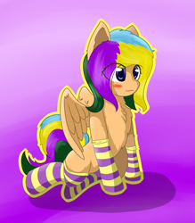 Size: 2567x2936 | Tagged: safe, artist:ppptly, oc, oc only, oc:program mouse, pegasus, pony, blushing, cute, female, high res, outline, simple background, smiling, socks, solo, striped socks