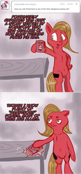 Size: 800x1707 | Tagged: safe, artist:php154, oc, oc:pun, earth pony, pony, ask pun, fanfic:cupcakes, armpits, ask, bipedal, comic, female, mare, solo, table