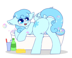 Size: 2600x2100 | Tagged: safe, artist:etoz, oc, oc only, oc:frost shard, pegasus, pony, bath, blue coat, blue eyes, blue mane, blushing, bubble, butt, female, happy, high res, looking at you, looking back, looking back at you, mare, plot, presenting, simple background, solo, transparent background, washcloth