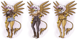 Size: 3636x1850 | Tagged: safe, artist:king-kakapo, gilda, griffon, anthro, g4, abs, bikini, boots, breasts, busty gilda, clothes, female, hand on hip, jacket, looking at you, pants, rippda, shoes, shorts, solo, spread wings, sunglasses, swimsuit, tassels, wings