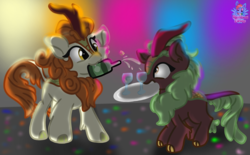 Size: 1475x916 | Tagged: safe, artist:rainbow eevee, autumn blaze, cinder glow, summer flare, kirin, g4, sounds of silence, alcohol, confetti, cute, drink, glasses, lights, party, shadow, smiling, tray