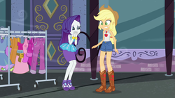 Size: 1920x1080 | Tagged: safe, screencap, applejack, rarity, equestria girls, g4, my little pony equestria girls: better together, street chic, bare shoulders, clothes, clothes rack, duo, sleeveless, tank top