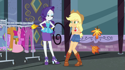 Size: 1920x1080 | Tagged: safe, screencap, applejack, rarity, equestria girls, equestria girls series, g4, street chic, spoiler:eqg series (season 2), bare shoulders, clothes, clothes rack, cold, duo, freezing, leaves, shivering, sleeveless, smiling, smirk, tank top