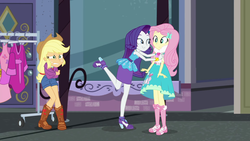 Size: 1920x1080 | Tagged: safe, screencap, applejack, fluttershy, rarity, equestria girls, g4, my little pony equestria girls: better together, street chic, clothes, cold, female, freezing, scarf, shivering, trio