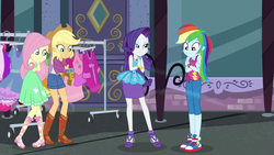 Size: 1920x1080 | Tagged: safe, screencap, applejack, fluttershy, rainbow dash, rarity, equestria girls, g4, my little pony equestria girls: better together, street chic, applejack's hat, bare shoulders, boots, bracelet, clothes, clothes rack, cold, converse, cowboy boots, cowboy hat, denim shorts, dress, female, freezing, geode of fauna, geode of shielding, geode of super speed, geode of super strength, hat, high heels, jewelry, magical geodes, pants, shivering, shoes, shorts, skirt, sleeveless, sneakers, stetson, strapless, tank top