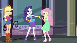 Size: 1920x1080 | Tagged: safe, screencap, applejack, fluttershy, rarity, equestria girls, g4, my little pony equestria girls: better together, street chic, bare shoulders, female, geode of fauna, geode of shielding, geode of super strength, magical geodes, sleeveless, strapless, trio