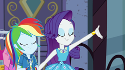 Size: 1920x1080 | Tagged: safe, screencap, rainbow dash, rarity, equestria girls, g4, my little pony equestria girls: better together, street chic, duo, eyes closed, eyeshadow, female, geode of shielding, geode of super speed, huggable, magical geodes, makeup, smiling, window