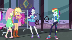 Size: 1920x1080 | Tagged: safe, screencap, applejack, fluttershy, rainbow dash, rarity, equestria girls, g4, my little pony equestria girls: better together, street chic, bare shoulders, converse, female, geode of fauna, geode of shielding, geode of super speed, geode of super strength, magical geodes, shoes, sleeveless, sneakers, strapless