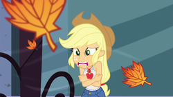 Size: 1920x1080 | Tagged: safe, screencap, applejack, equestria girls, g4, my little pony equestria girls: better together, street chic, applejack's hat, autumn leaves, bare shoulders, chattering teeth, clothes, cold, cowboy hat, freezing, geode of super strength, hat, leaves, magical geodes, shivering, sleeveless, solo, tank top