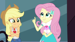 Size: 1920x1080 | Tagged: safe, screencap, applejack, fluttershy, equestria girls, g4, my little pony equestria girls: better together, street chic, bare shoulders, clothes, duo, female, geode of super strength, magical geodes, scarf, sleeveless, tank top