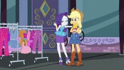 Size: 800x450 | Tagged: safe, screencap, applejack, rarity, equestria girls, g4, my little pony equestria girls: better together, street chic, animated, clothes, clothes rack, cold, duo, female, geode of shielding, geode of super strength, gif, instant cosplay surprise, leaves, magical geodes, rarity peplum dress, sleeveless, tank top