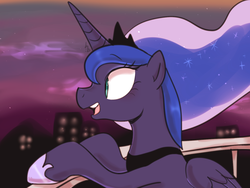Size: 1400x1050 | Tagged: safe, artist:haden-2375, princess luna, alicorn, pony, g4, balcony, cute, female, hoof shoes, jewelry, lunabetes, mare, open mouth, peytral, regalia, smiling, solo