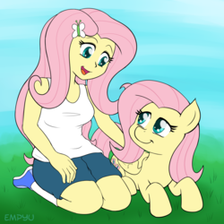 Size: 1000x1000 | Tagged: safe, artist:empyu, fluttershy, human, pegasus, pony, equestria girls, g4, clothes, cute, duo, female, grass, human ponidox, mare, open mouth, self ponidox, shyabetes, smiling