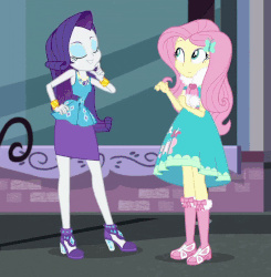 Size: 800x817 | Tagged: safe, screencap, fluttershy, rarity, equestria girls, g4, my little pony equestria girls: better together, street chic, animated, bare shoulders, cropped, duo, female, geode of fauna, geode of shielding, gif, instant cosplay surprise, leaves, magical geodes, sleeveless, strapless
