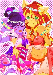 Size: 1452x2048 | Tagged: safe, artist:ku_rimo, sunset shimmer, twilight sparkle, equestria girls, g4, belly button, female, glasses, midriff, one eye closed, open mouth, smiling, wink