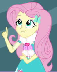 Size: 820x1033 | Tagged: safe, screencap, fluttershy, equestria girls, equestria girls series, g4, street chic, spoiler:eqg series (season 2), beautiful, clothes, cropped, cute, dress, female, pointing, scarf, shyabetes, smiling, solo