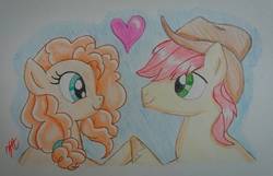 Size: 1170x755 | Tagged: safe, artist:prinrue, bright mac, pear butter, earth pony, pony, g4, the perfect pear, bright mac's hat, cowboy hat, cute, female, hat, heart, hearts and hooves day, holiday, male, mare, stallion, stetson, traditional art, valentine's day