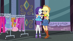 Size: 1920x1080 | Tagged: safe, screencap, applejack, rarity, equestria girls, equestria girls series, g4, street chic, spoiler:eqg series (season 2), clothes, clothes rack, duo, female, shipping fuel, smiling