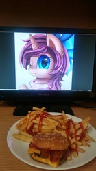 Size: 2336x4160 | Tagged: safe, oc, oc only, oc:mochaswirl, pony, bacon, burger, cheeseburger, food, french fries, hamburger, meat, this will end in weight gain, waifu dinner