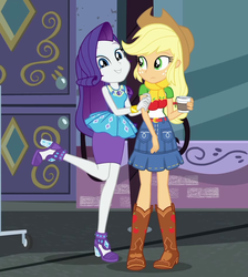 Size: 849x946 | Tagged: safe, screencap, applejack, rarity, equestria girls, g4, my little pony equestria girls: better together, street chic, adorasexy, cropped, cute, duo, female, geode of shielding, huggable, looking at you, magical geodes, sexy
