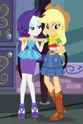Size: 626x937 | Tagged: safe, screencap, applejack, rarity, human, equestria girls, g4, my little pony equestria girls: better together, street chic, bare shoulders, bedroom eyes, cropped, duo, female, geode of shielding, lidded eyes, magical geodes, rarity peplum dress, shipping fuel, sleeveless