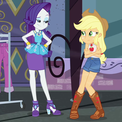 Size: 967x966 | Tagged: safe, screencap, applejack, rarity, equestria girls, equestria girls series, g4, street chic, spoiler:eqg series (season 2), bare shoulders, clothes, cold, cropped, duo, freezing, geode of shielding, geode of super strength, leaves, magical geodes, shivering, sleeveless, smiling, smirk, tank top