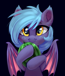 Size: 1972x2300 | Tagged: safe, artist:taneysha, oc, oc only, oc:little mine, bat pony, pony, bat pony oc, black background, cute, ear fluff, female, food, freckles, looking at you, simple background, smiling, solo, watermelon, wings