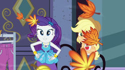 Size: 1920x1080 | Tagged: safe, screencap, applejack, rarity, equestria girls, g4, my little pony equestria girls: better together, street chic, autumn leaves, duo, geode of shielding, leaves, magical geodes