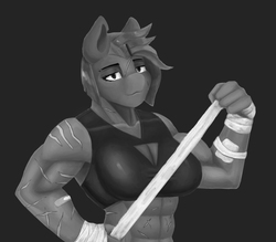 Size: 3200x2800 | Tagged: safe, artist:mopyr, derpibooru exclusive, oc, oc only, oc:camilia, anthro, abs, bandage, black background, female, fit, grayscale, high res, monochrome, muscles, scar, simple background, solo, wip
