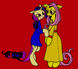 Size: 895x786 | Tagged: safe, artist:eyerealm, fluttershy, rarity, pegasus, pony, unicorn, anthro, g4, bipedal, blushing, clothes, dress, duo, female, horn, lesbian, looking at each other, looking at someone, mare, red background, ship:flarity, shipping, simple background