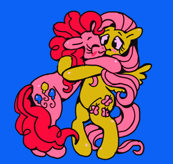 Size: 626x594 | Tagged: safe, artist:eyerealm, fluttershy, pinkie pie, earth pony, pegasus, pony, g4, bipedal, blue background, blushing, cute, diapinkes, duo, female, hug, kidcore, kissing, lesbian, mare, ship:flutterpie, shipping, shyabetes, simple background, wings
