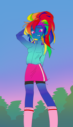 Size: 1583x2761 | Tagged: safe, artist:eyerealm, rainbow dash, equestria girls, g4, alternate hairstyle, arm behind head, awkward, awkward smile, blushing, clothes, female, jacket, outdoors, ponytail, skirt, smiling, socks, solo, standing, sweat