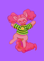 Size: 1311x1829 | Tagged: safe, artist:echobone, pinkie pie, pony, g4, alternate hairstyle, clothes, eyes closed, female, jumping, kidcore, needs more saturation, pigtails, purple background, shirt, simple background, smiling, solo, striped shirt