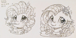 Size: 1238x612 | Tagged: safe, artist:auroracursed, fluttershy, pinkie pie, pegasus, pony, g4, bust, cute, female, looking at you, mare, monochrome, smiling, solo, traditional art, watermark