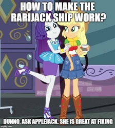 Size: 500x557 | Tagged: safe, edit, edited screencap, screencap, applejack, rarity, equestria girls, g4, my little pony equestria girls: better together, street chic, caption, female, geode of shielding, image macro, imgflip, impact font, joke, magical geodes, monochrome, ship:rarijack, shipping, shipping war in the comments, text