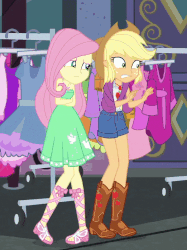 Size: 600x802 | Tagged: safe, screencap, applejack, fluttershy, equestria girls, equestria girls series, g4, street chic, spoiler:eqg series (season 2), animated, armpits, bare shoulders, clothes, clothes rack, cropped, dress, duo, female, freezing, geode of fauna, geode of super strength, gesture, gif, magical geodes, offscreen character, shivering, sleeveless, strapless, tank top, waving